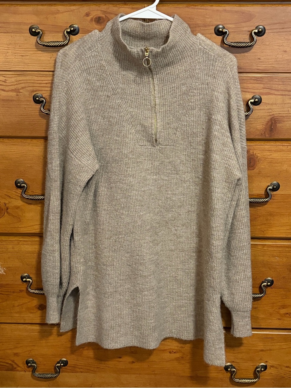LOFT Taupe Ribbed Half-Zip Turtleneck Sweater